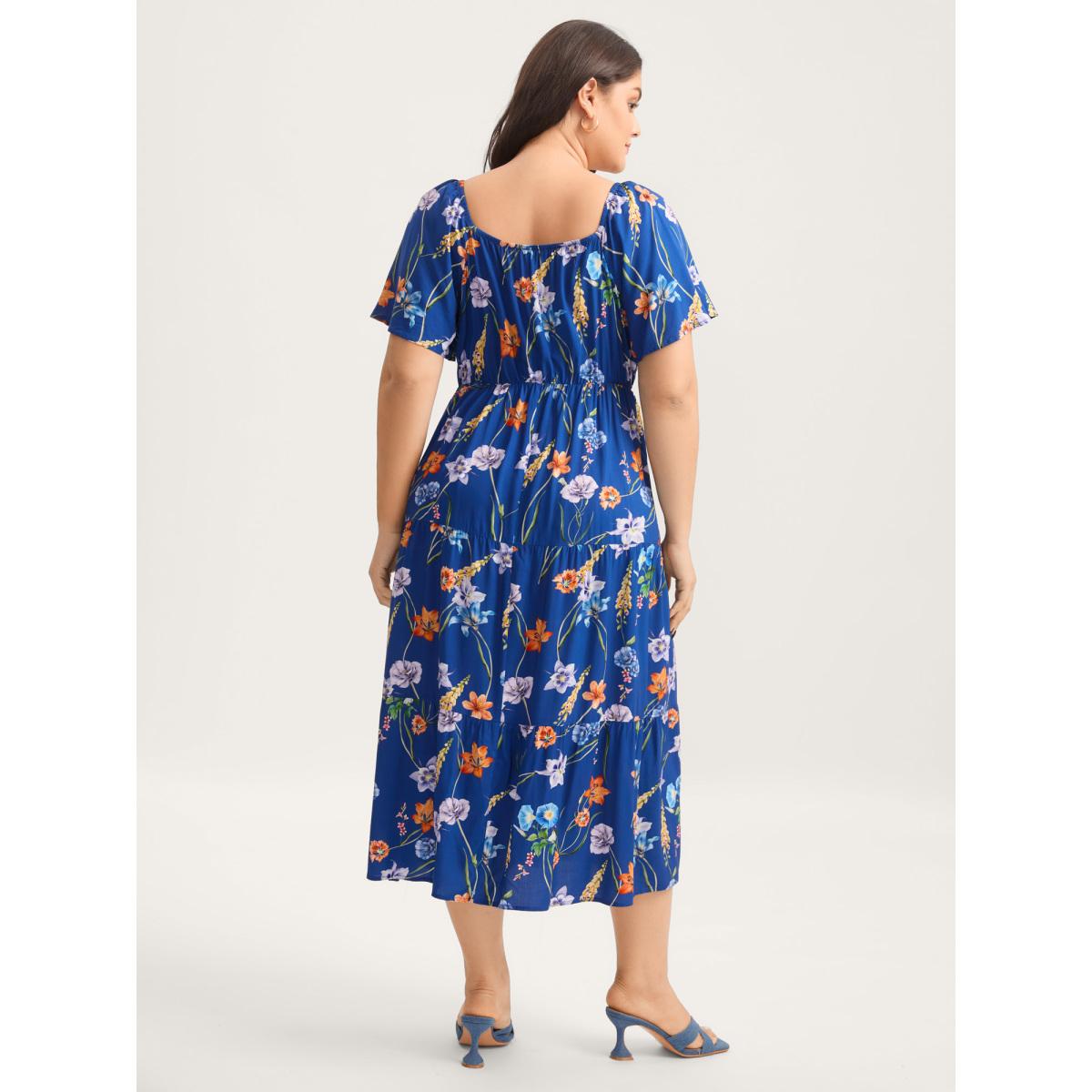 Plus Size Rayon Stretchy-Waist Floral Print Midi Dress Indigo Women Square Neck Short sleeve Curvy BloomChic 14-16/1X Product Image