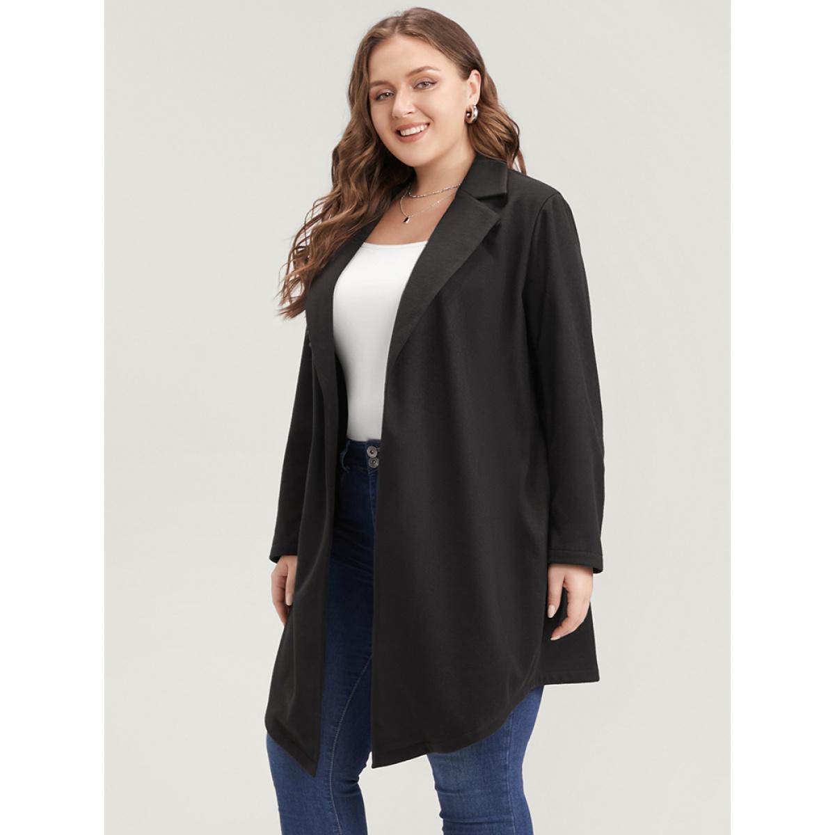 Plus Size Solid Open Front Belted Asymmetrical Hem Blazer Black Women Work Plain Belted Sleeve Long Sleeve Suit Collar 22-24/3X Pocket Belt Casual Blazers BloomChic Product Image