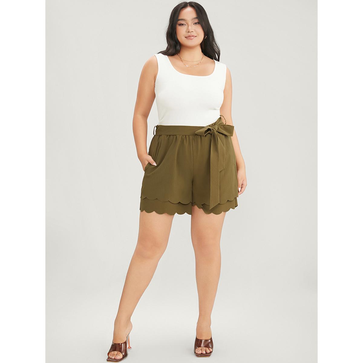 Plus Size Solid Belted Pocket Scalloped Trim Tiered Shorts Women ArmyGreen Casual Dailywear Shorts BloomChic 22-24/3X Product Image