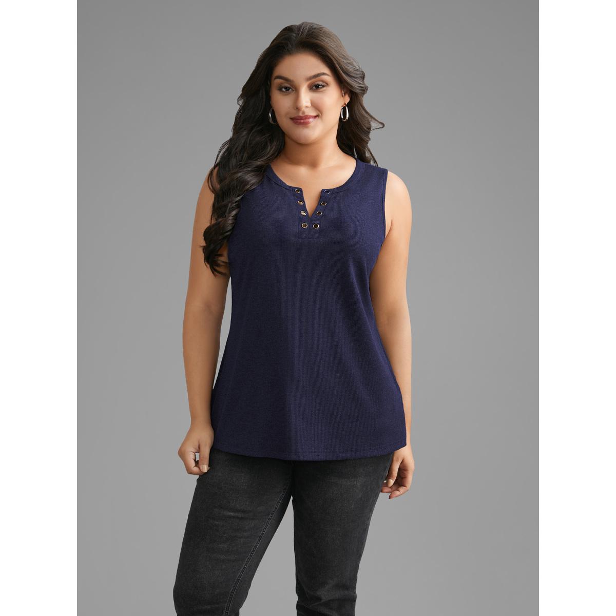 Plus Size Notched Collar Eyelet Tank Top Women Indigo Leisure Eyelet Notched collar Casual Tank Tops Camis BloomChic 14-16/1X Product Image