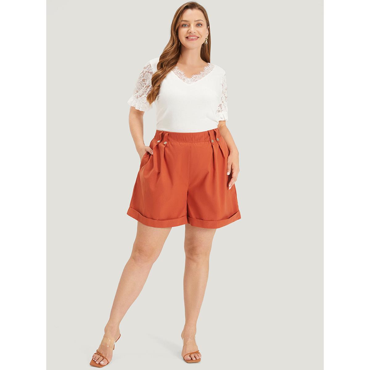 Plus Size Solid Pocket Pleated Roll Hem Button Detail Shorts Women Rust Elegant Plain Dailywear Shorts BloomChic 22-24/3X Product Image