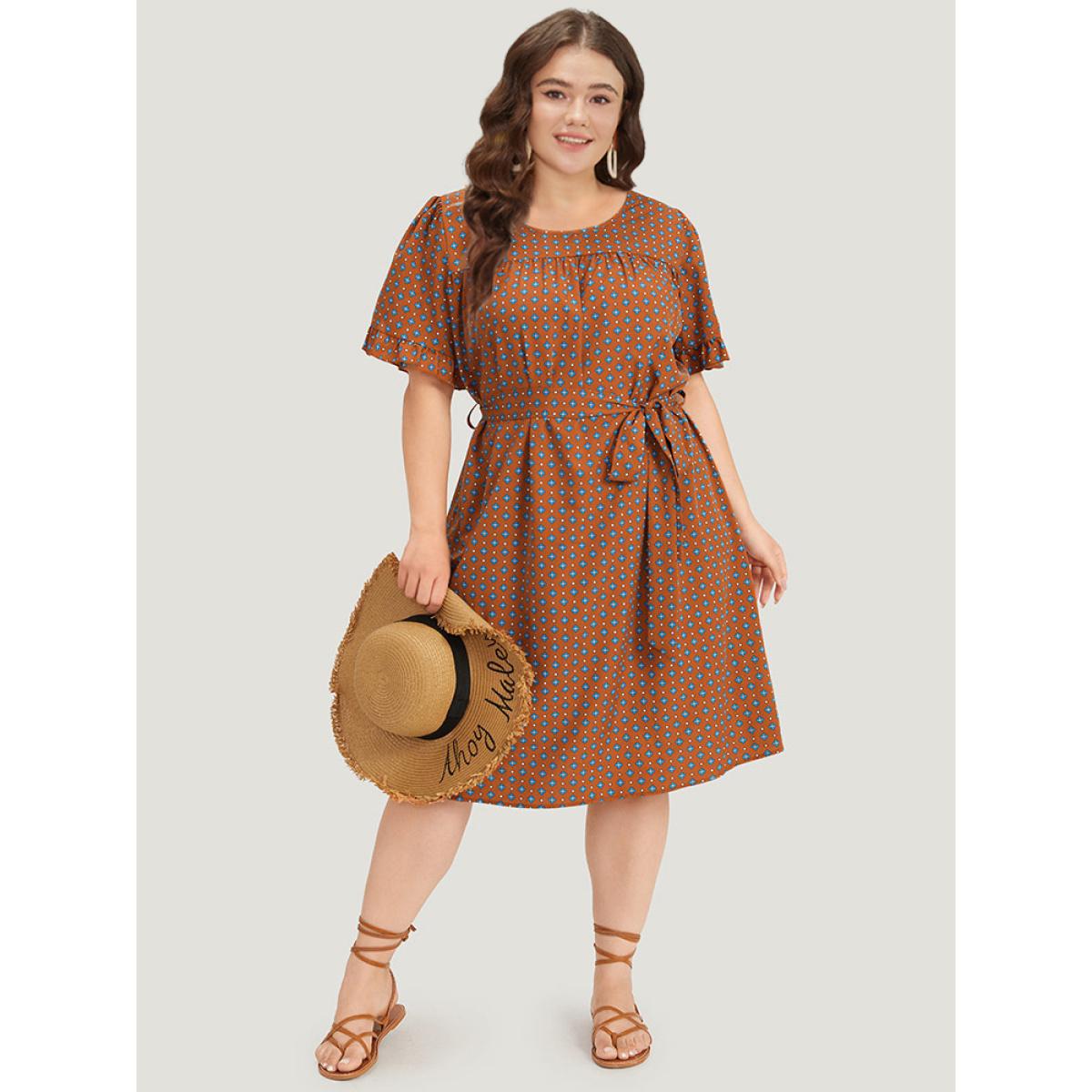 Plus Size Bandana Print Flutter Trim Pocket Belted Dress Chocolate Women Vacation Belted Round Neck Short sleeve Curvy Midi Dress BloomChic 14-16/1X Product Image