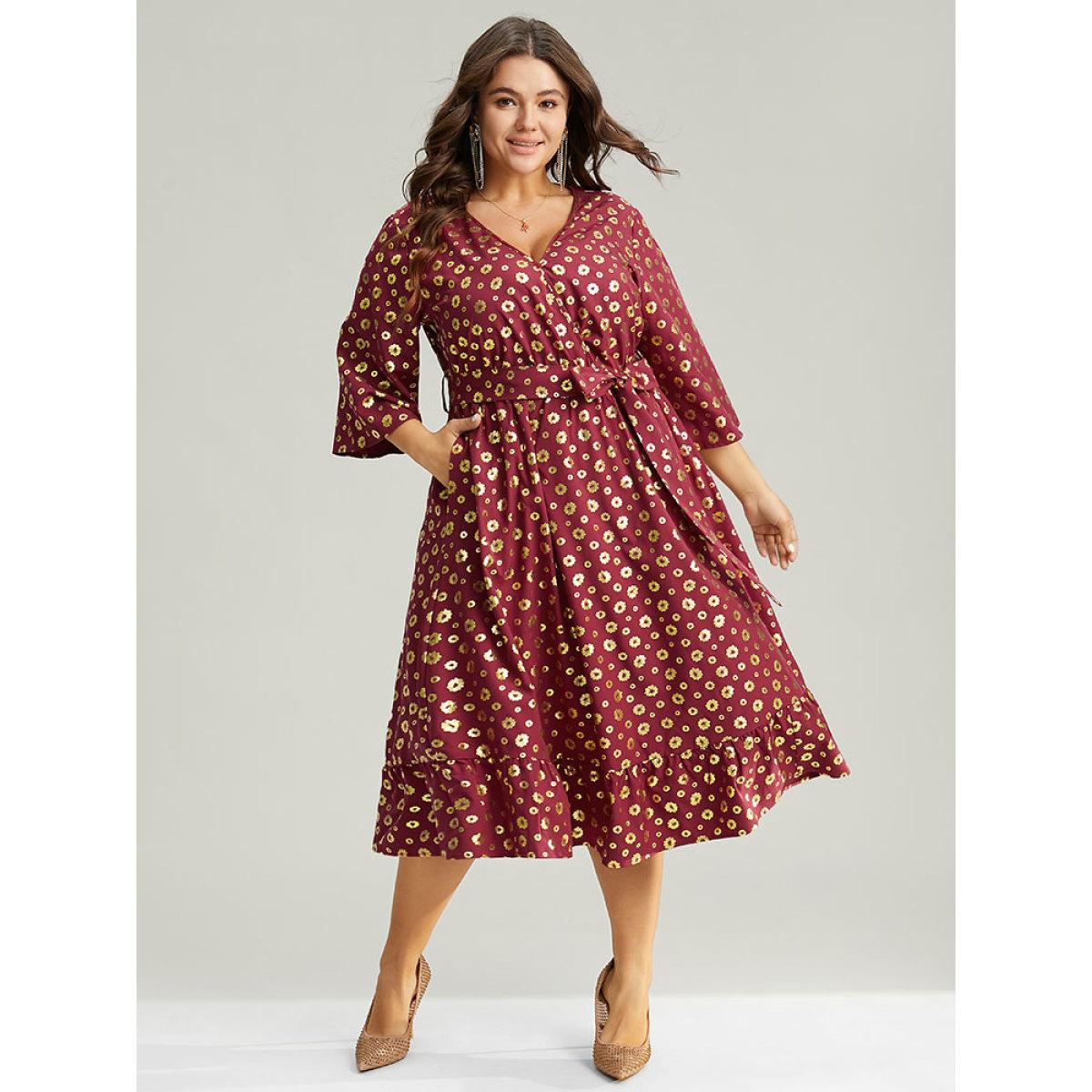 Plus Size Colorblock Glitter Bowknot Belted Pocket Dress Scarlet Women Party Wrap Overlap Collar Elbow-length sleeve Curvy Midi Dress BloomChic 12/L Product Image