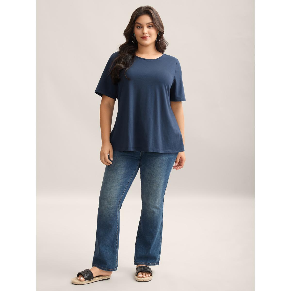 Plus Size Pure Cotton Knotted Backless T-Shirt Midnight Women Leisure Twist Round Neck Vacation T-shirts BloomChic 26/4X Product Image