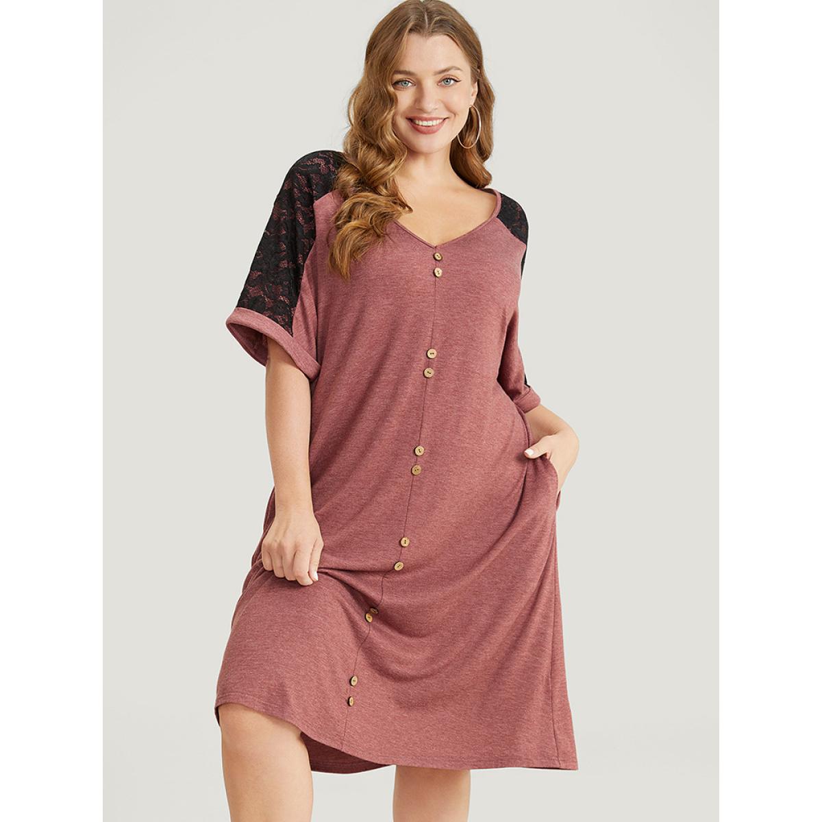 Plus Size Plain Lace Patchwork Button Detail Pocket Dress DustyPink Women Casual Patchwork V-neck Short sleeve Curvy Knee Dress BloomChic 26/4X Product Image