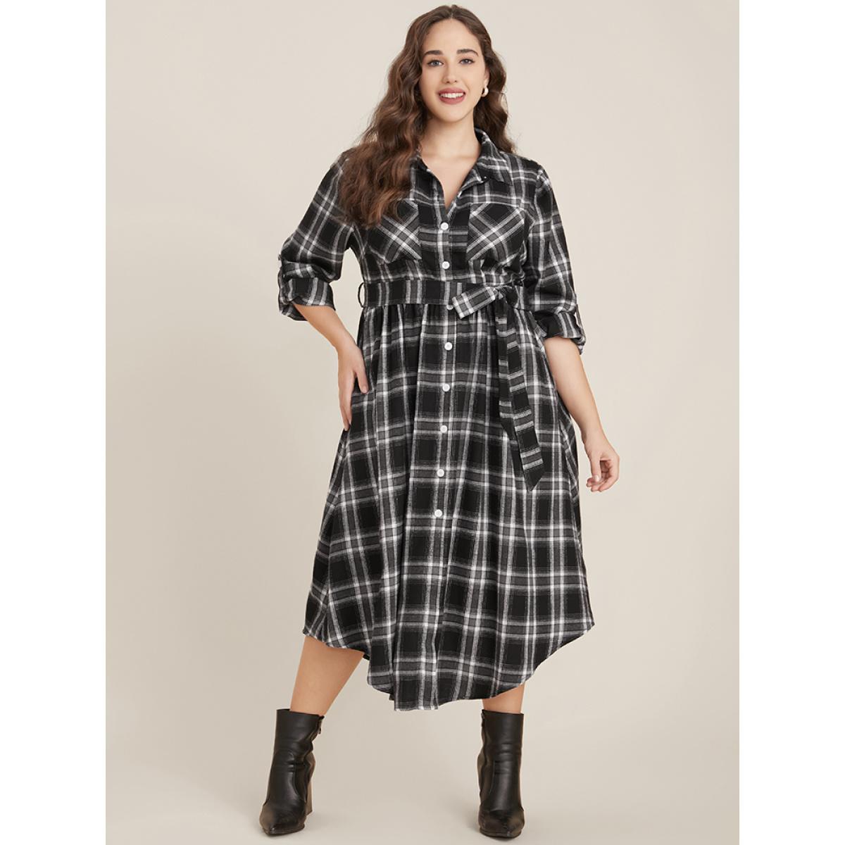 Plus Size Plaid Pocket Button Cuffed Sleeve Belted Arc Hem Dress Black Women Office Belted Shirt collar Long Sleeve Curvy Midi Dress BloomChic 30/6X Product Image