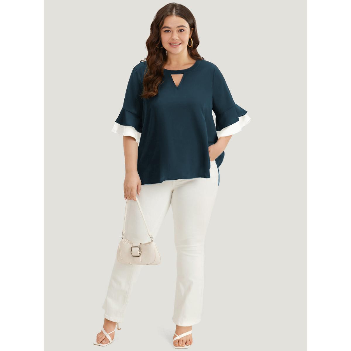 Plus Size Cyan Anti-Wrinkle Plain Keyhole Ruffle Layered Sleeve Blouse Women Office Half Sleeve Round Neck Work Blouses BloomChic 26/4X Product Image