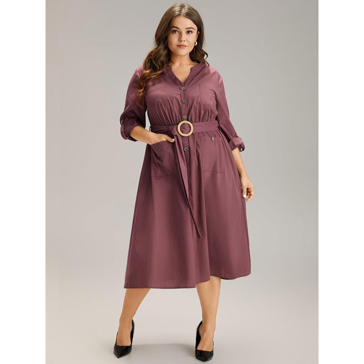 Plus Size Cotton Solid Buckle Detail Pocket Dress Burgundy Women Office Plain Shirt collar Long Sleeve Curvy Midi Dress BloomChic 18-20/2X Product Image
