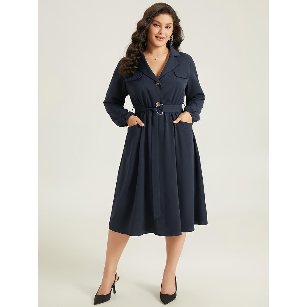 Plus Size Anti-Wrinkle Suit Collar Pocket Belted Shirt Dress Navy Women At the Office Gathered Suit Collar Long Sleeve Curvy Midi Dress BloomChic 10/M Product Image