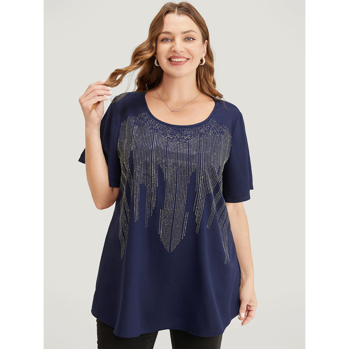 Plus Size Aegean Plain Rhinestones Detail Ruffles Sleeve Blouse Women Party Short sleeve Round Neck Dailywear Blouses BloomChic 26/4X Product Image