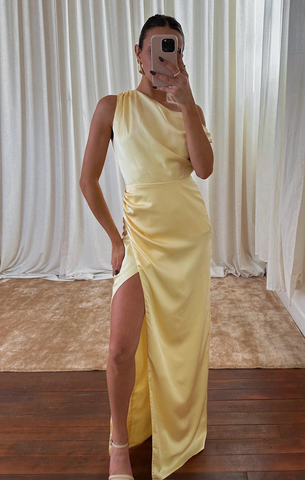 Jodie Dress ~ Pale Yellow Luxe Satin Product Image