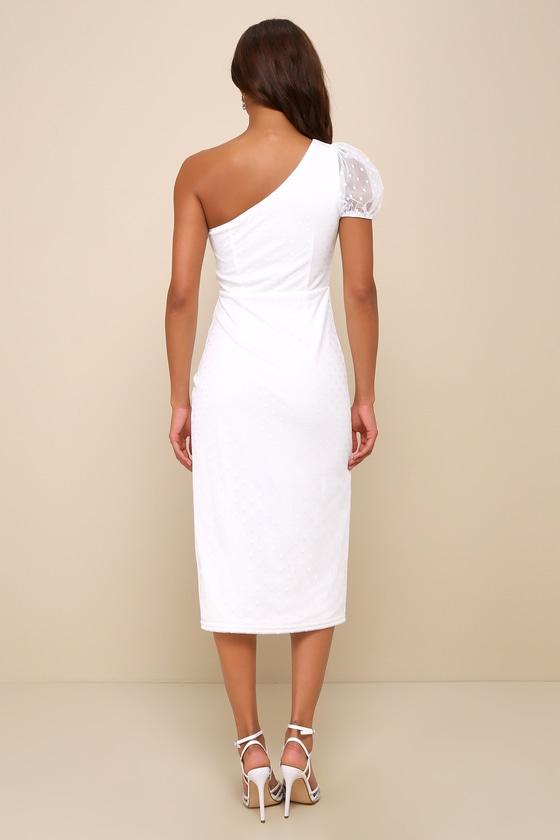 Amazing Glamour White Polka Dot Mesh One-Shoulder Midi Dress Product Image
