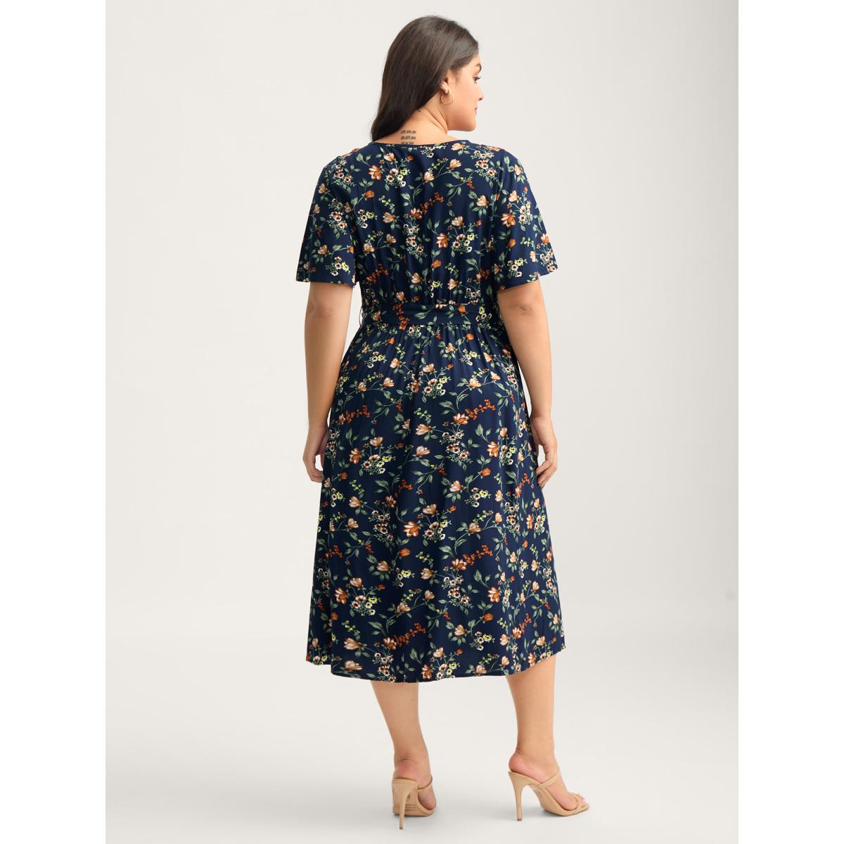 Plus Size Rayon Floral Side-Tie Stretchy Midi Dress Indigo Women Timeless Overlap Collar Short sleeve Curvy BloomChic 26/4X Product Image