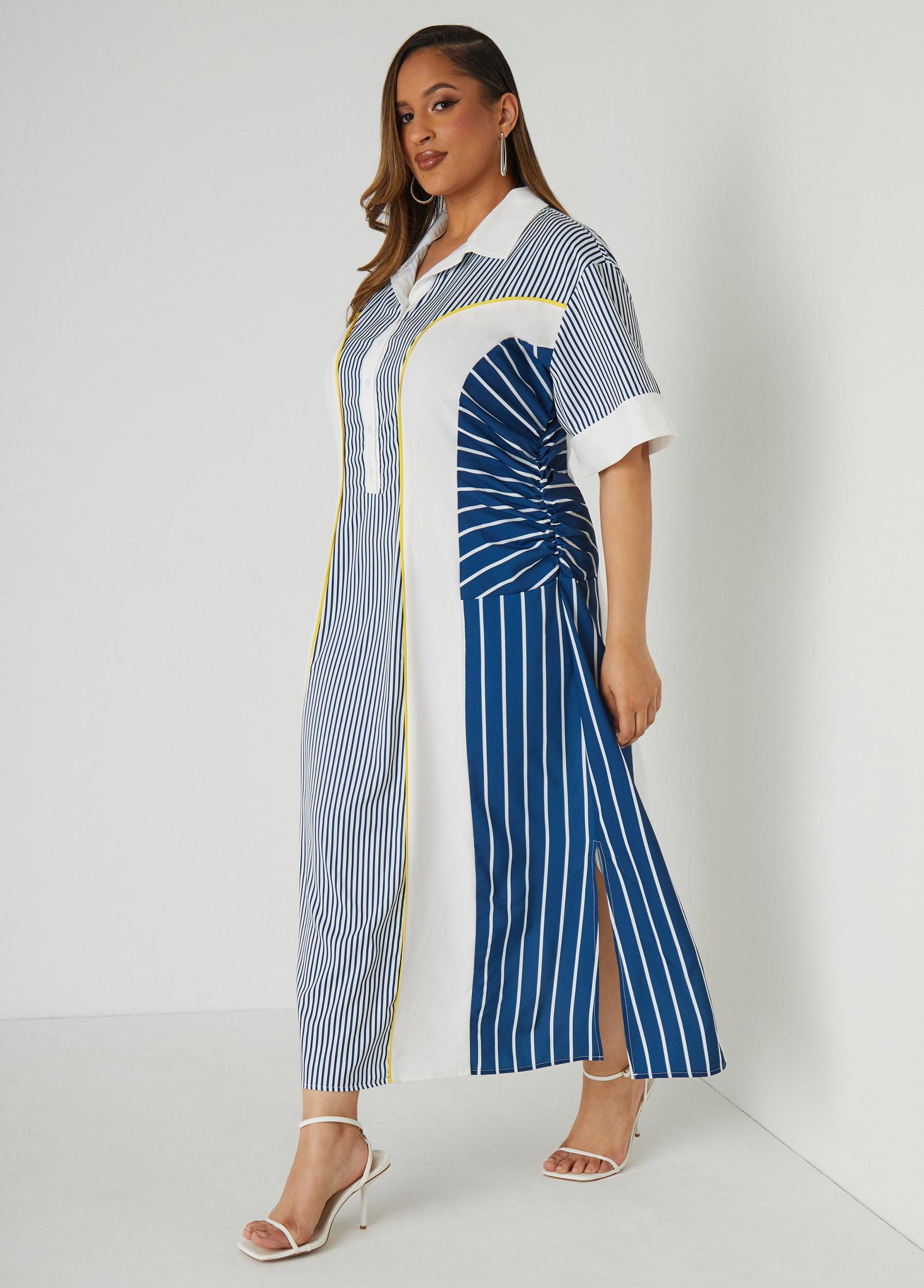 Ruched Striped Maxi Shirtdress Product Image