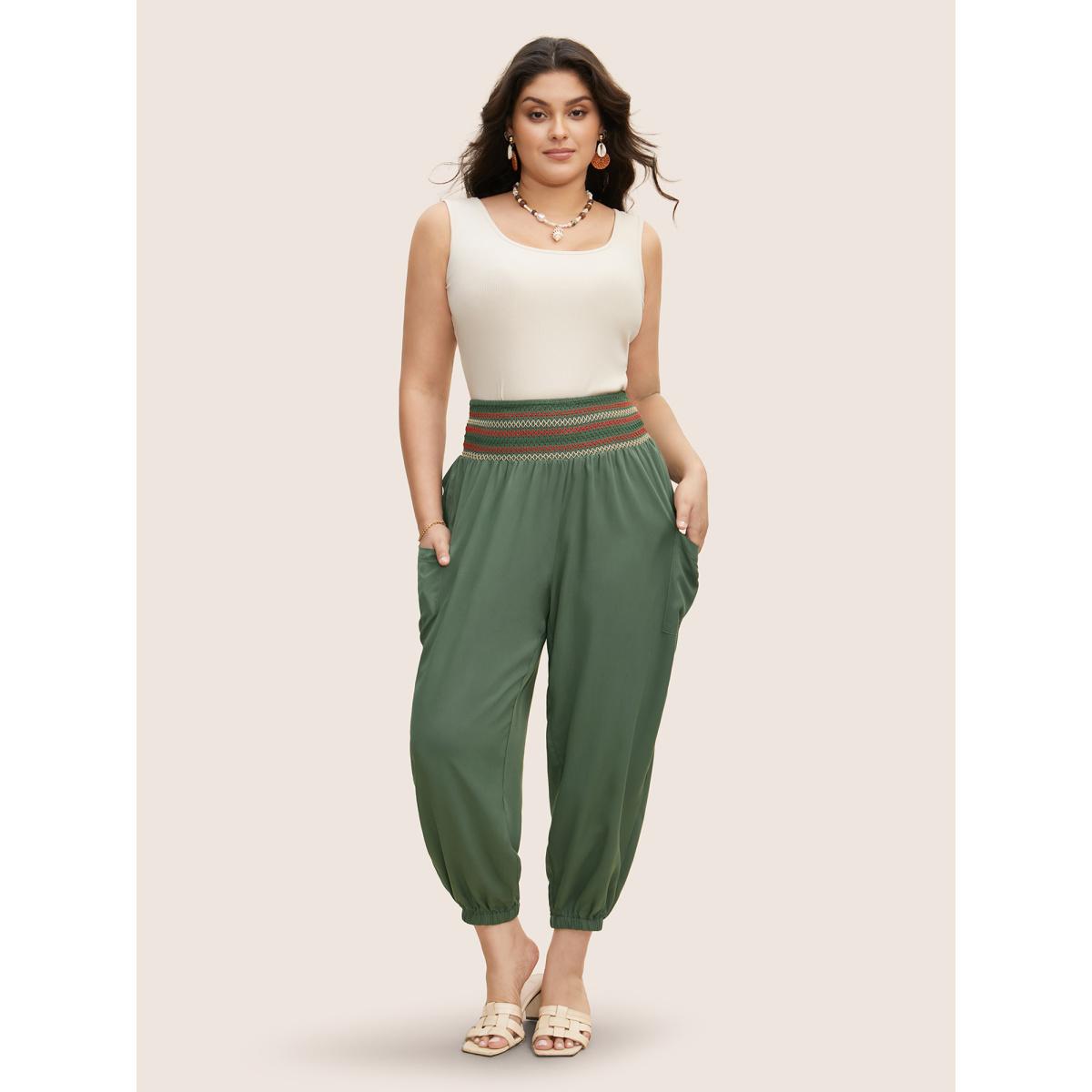 Plus Size Mid Rise Shirred Tapered Leg Pants Women ArmyGreen Resort Mid Rise Vacation Pants BloomChic 12/L Product Image