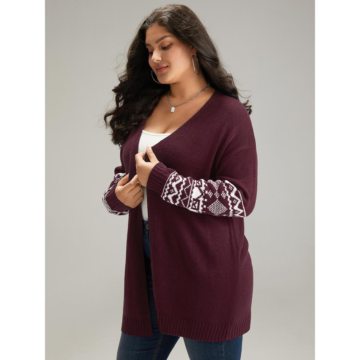 Plus Size Geometric Graphic Open Front Tunic Cardigan Purple Women Casual Loose Long Sleeve Dailywear Cardigans BloomChic 14-16/1X Product Image