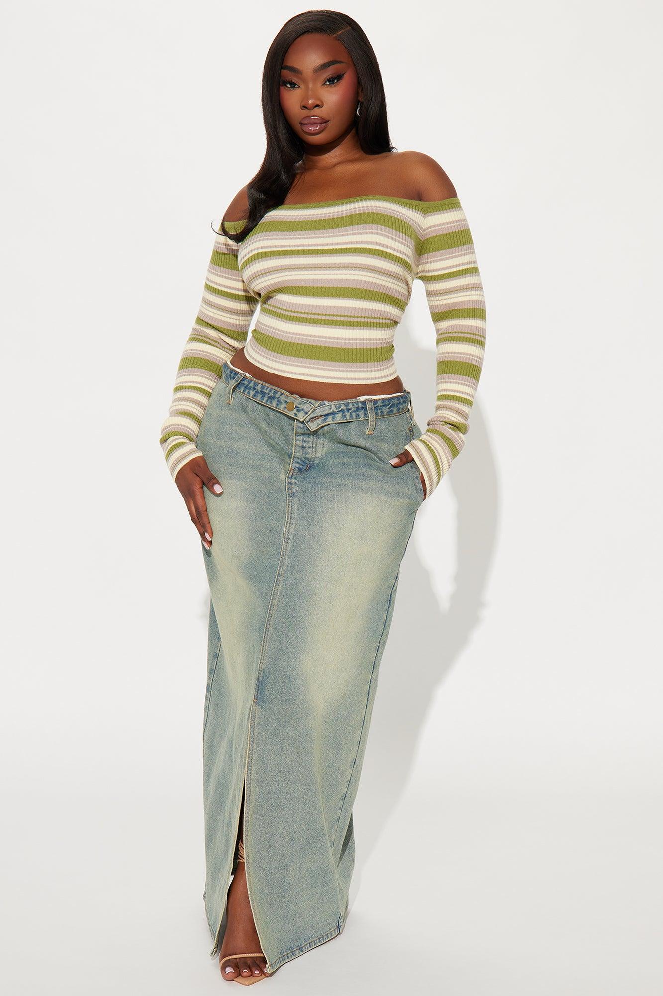 Madisyn Off Shoulder Striped Sweater - Green/combo Product Image