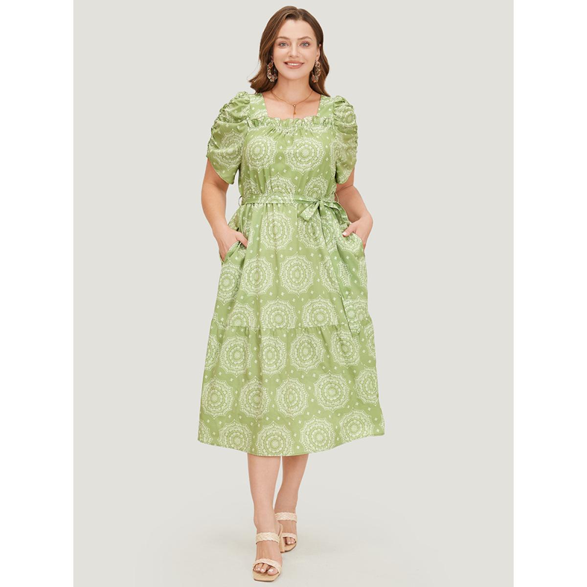 Plus Size Bandana Print Ruched Sleeve Frill Trim Pocket Belt Dress LightGreen Women Vacation Ruched Square Neck Short sleeve Curvy Midi Dress BloomChic 10/M Product Image