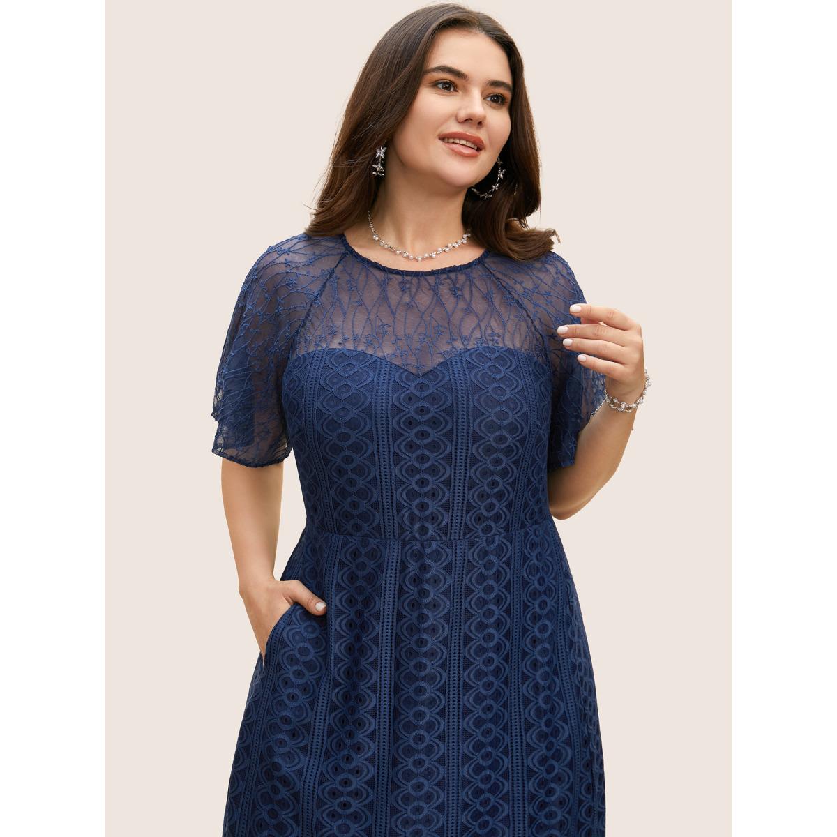 Plus Size Crochet Lace Mesh Raglan Sleeve Maxi Dress DarkBlue Women Formal Woven ribbon&lace trim Round Neck Short sleeve Curvy BloomChic 10/M Product Image