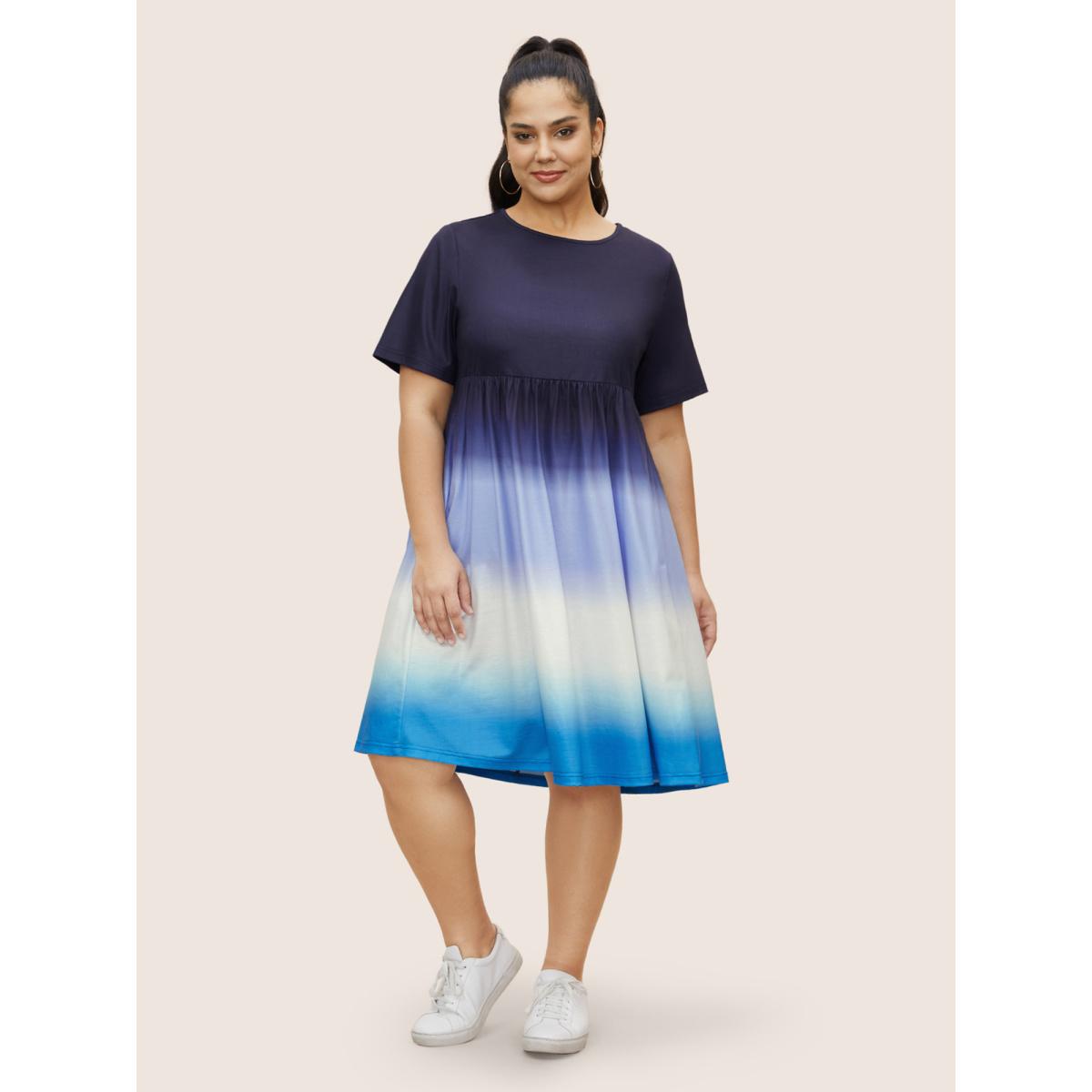 Plus Size Ombre Tie Dye Round Neck Gathered Dress Blue Women Casual Pleated Round Neck Short sleeve Curvy BloomChic 14-16/1X Product Image
