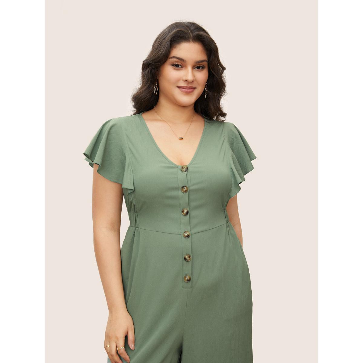 Plus Size Sage Solid Button Up Ruffle Cap Sleeve Jumpsuit Women Elegant Cap Sleeve V-neck Everyday Loose Jumpsuits BloomChic 12/L Product Image