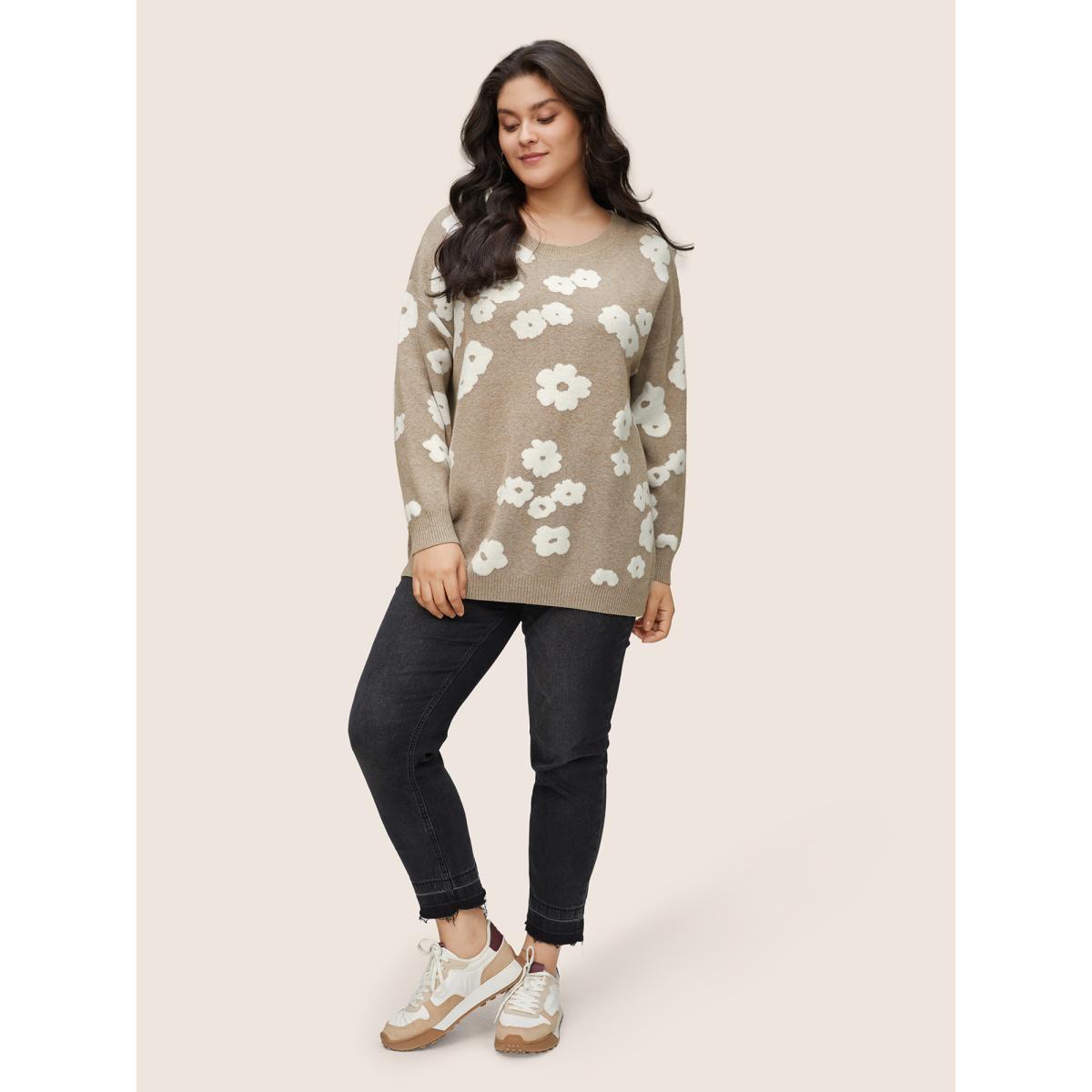 Plus Size Supersoft Essentials Floral Jacquard Pullover LightBrown Women Casual Loose Long Sleeve Round Neck Dailywear Pullovers BloomChic 22-24/3X Product Image