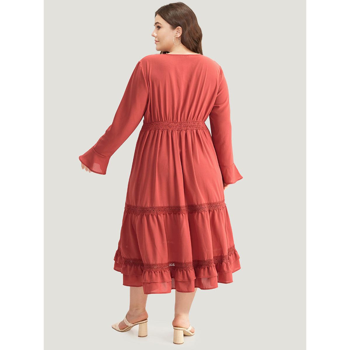 Plus Size Contrast Lace Bell Sleeve Layered Hem Dress Crimson Women Elegant Plain V-neck Long Sleeve Curvy Midi Dress BloomChic 18-20/2X Product Image