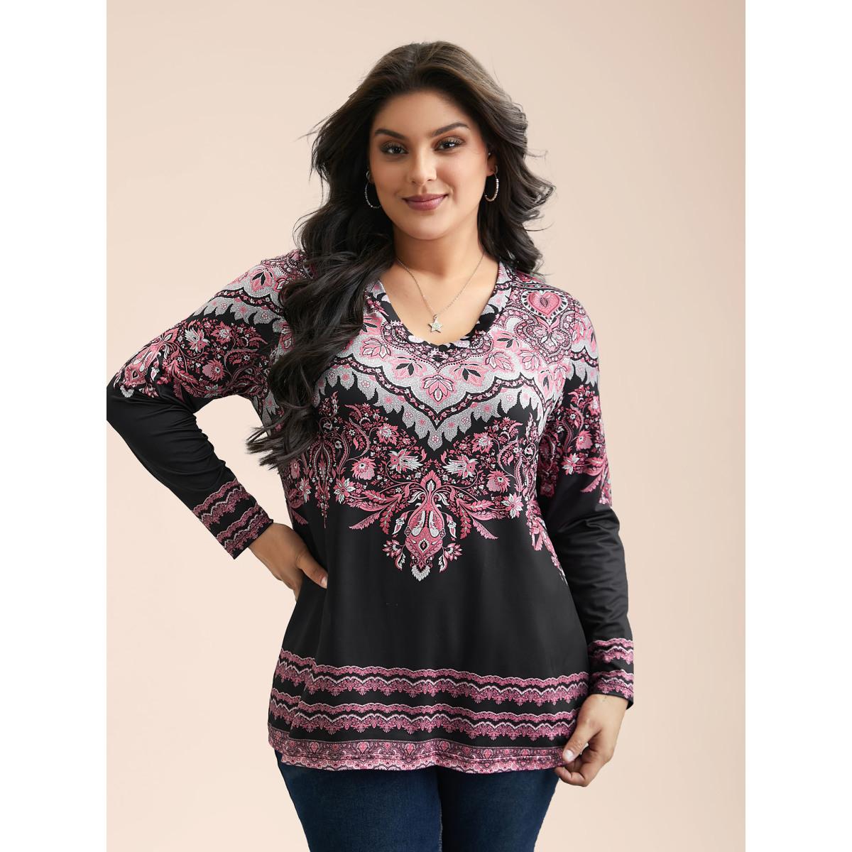 Plus Size Stretchy Boho Print Full Sleeve T-Shirt Black Women Casual Contrast V-neck Everyday T-shirts BloomChic 22-24/3X Product Image