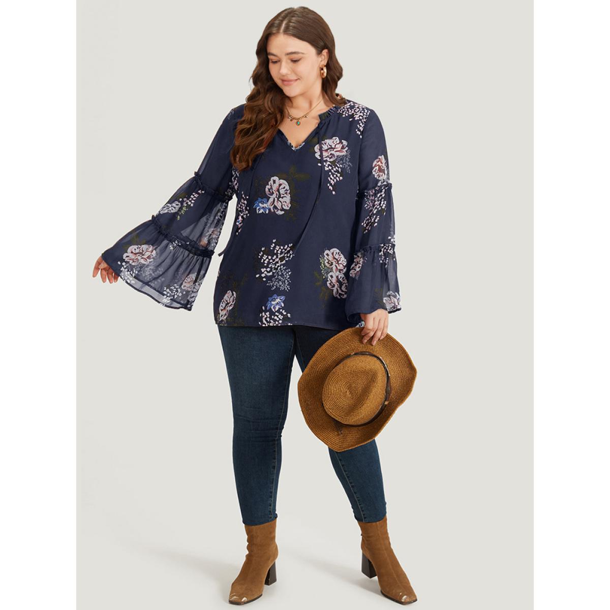Plus Size Indigo Floral Print Knot Neck Frill Trim Mesh Bell Sleeve Blouse Women Vacation Long Sleeve Tie Neck Dailywear Blouses BloomChic 28/5X Product Image