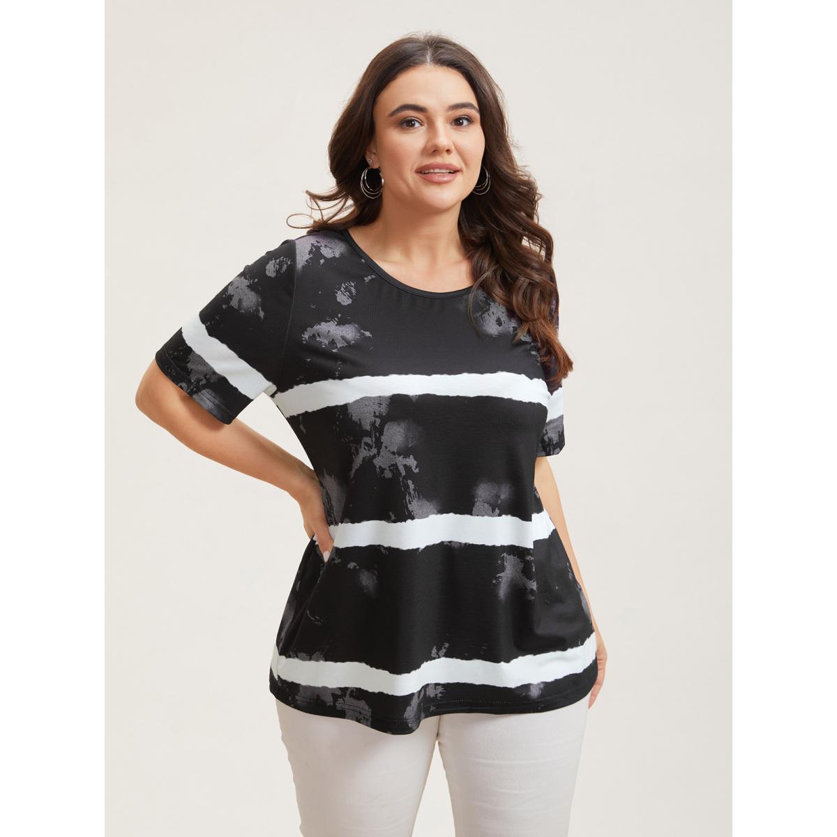 Plus Size Tie-Dye Gradient Stripes Round Neck T-Shirt Multicolor Women Casual Non Round Neck Everyday T-shirts BloomChic 30/6X Product Image