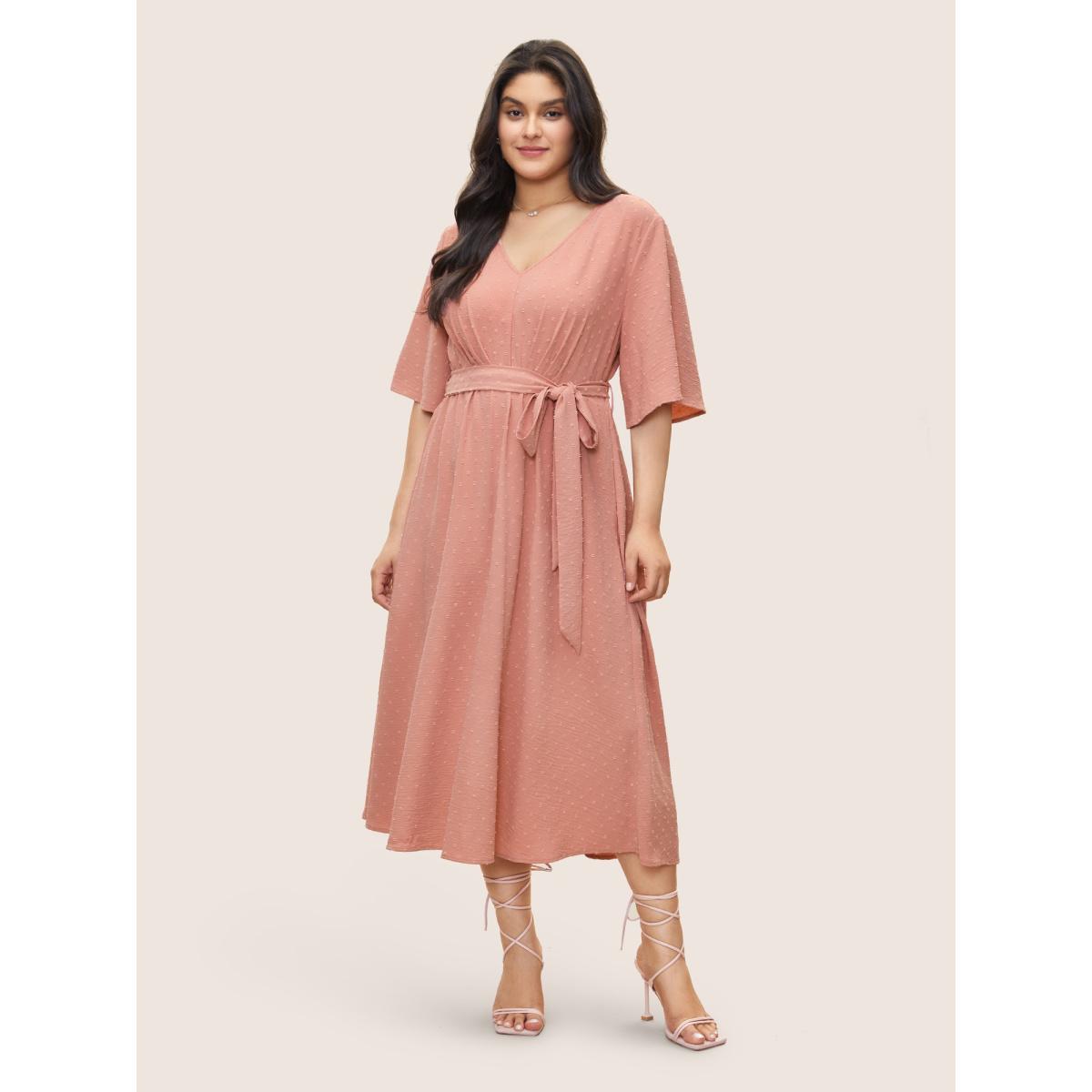 Plus Size Solid Texture Belted Ruffle Sleeve Dress Rouge Women Elegant Non V-neck Half Sleeve Curvy Midi Dress BloomChic 26/4X Product Image