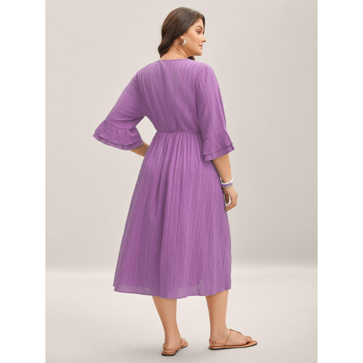 Plus Size Scalloped Lace Surplice Ruffled Midi Dress Lilac Women Boho Overlap Collar Elbow-length sleeve Curvy BloomChic 10/M Product Image