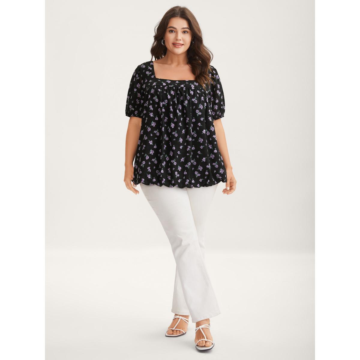 Plus Size Black Floral Fiesta Pleated Square Neck Blouse Women Short sleeve Square Neck Elegant Blouses BloomChic 12/L Product Image