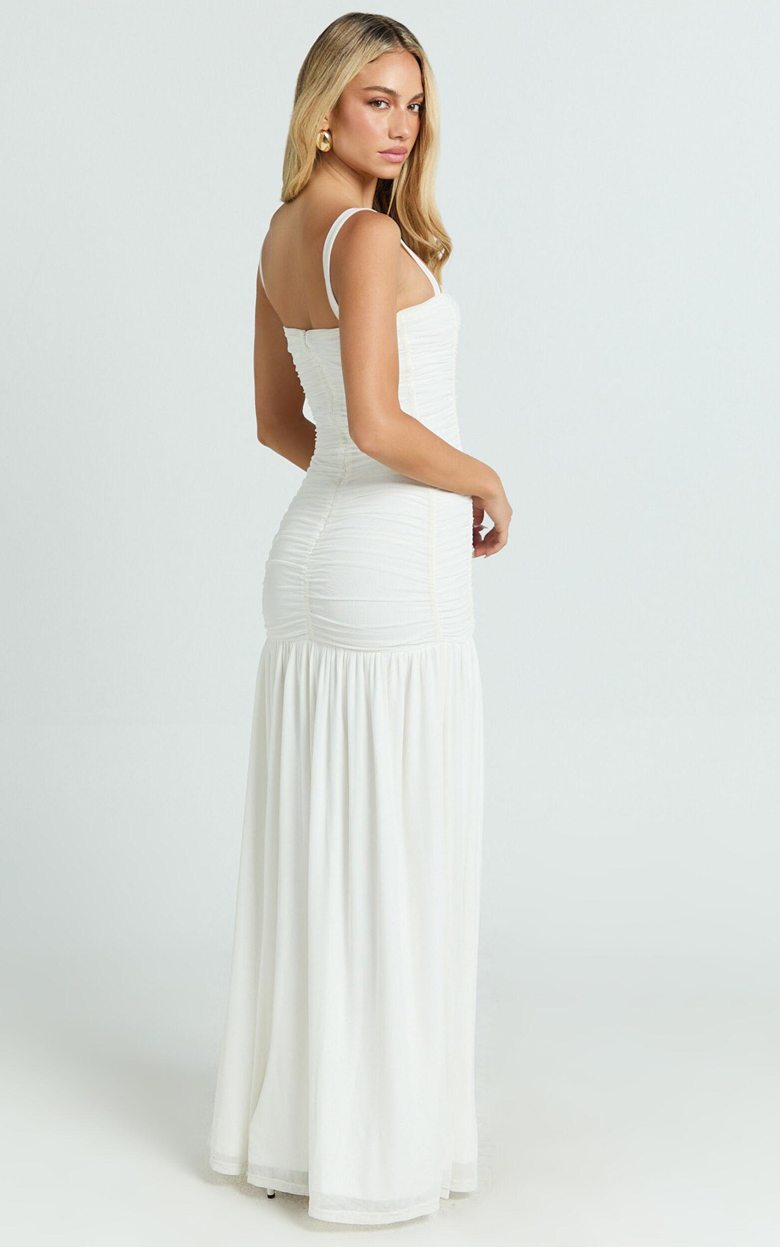 Cardi Maxi Dress - Ruched Mesh High Leg Split Dress in Ivory Product Image