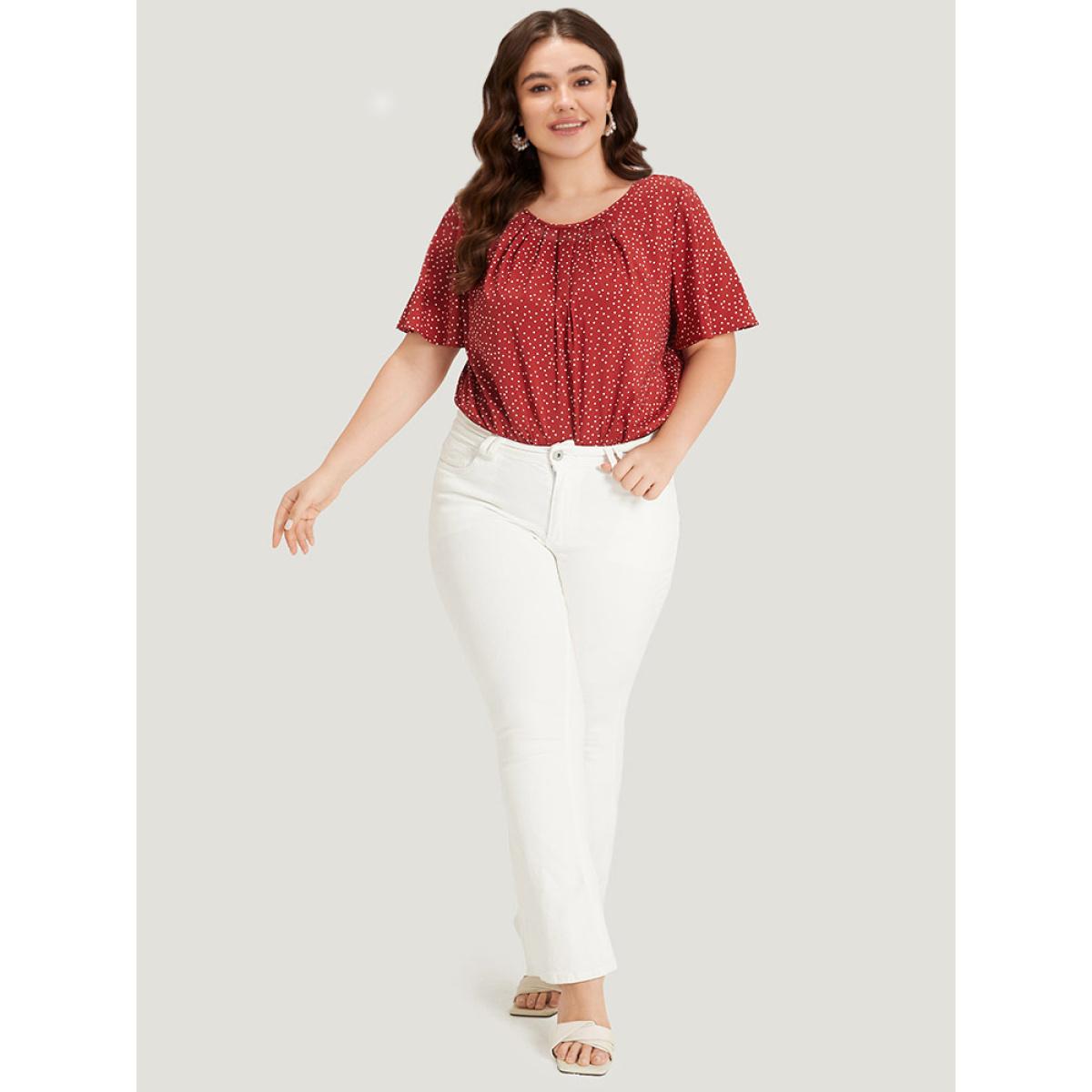 Plus Size Polka Dot Elastic Waist Plicated Detail Ruffle Sleeve Bodysuit Women Red Polka Dot Pleated Bodysuits BloomChic 30/6X Product Image