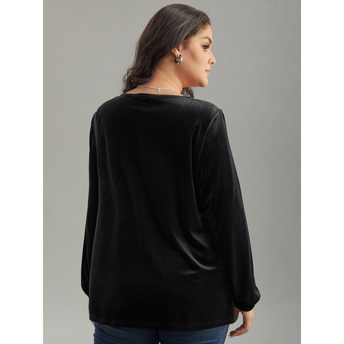 Plus Size Black Velvet Metal Button Detail Blouse Women Leisure Long Sleeve Square Neck Casual Blouses BloomChic 14-16/1X Product Image