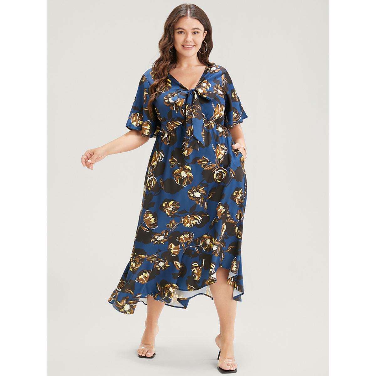 Plus Size Floral Knot Front Ruffle Sleeve Pocket Asymmetrical Hem Dress DarkBlue Women Elegant Knotted V-neck Short sleeve Curvy Midi Dress BloomChic 22-24/3X Product Image