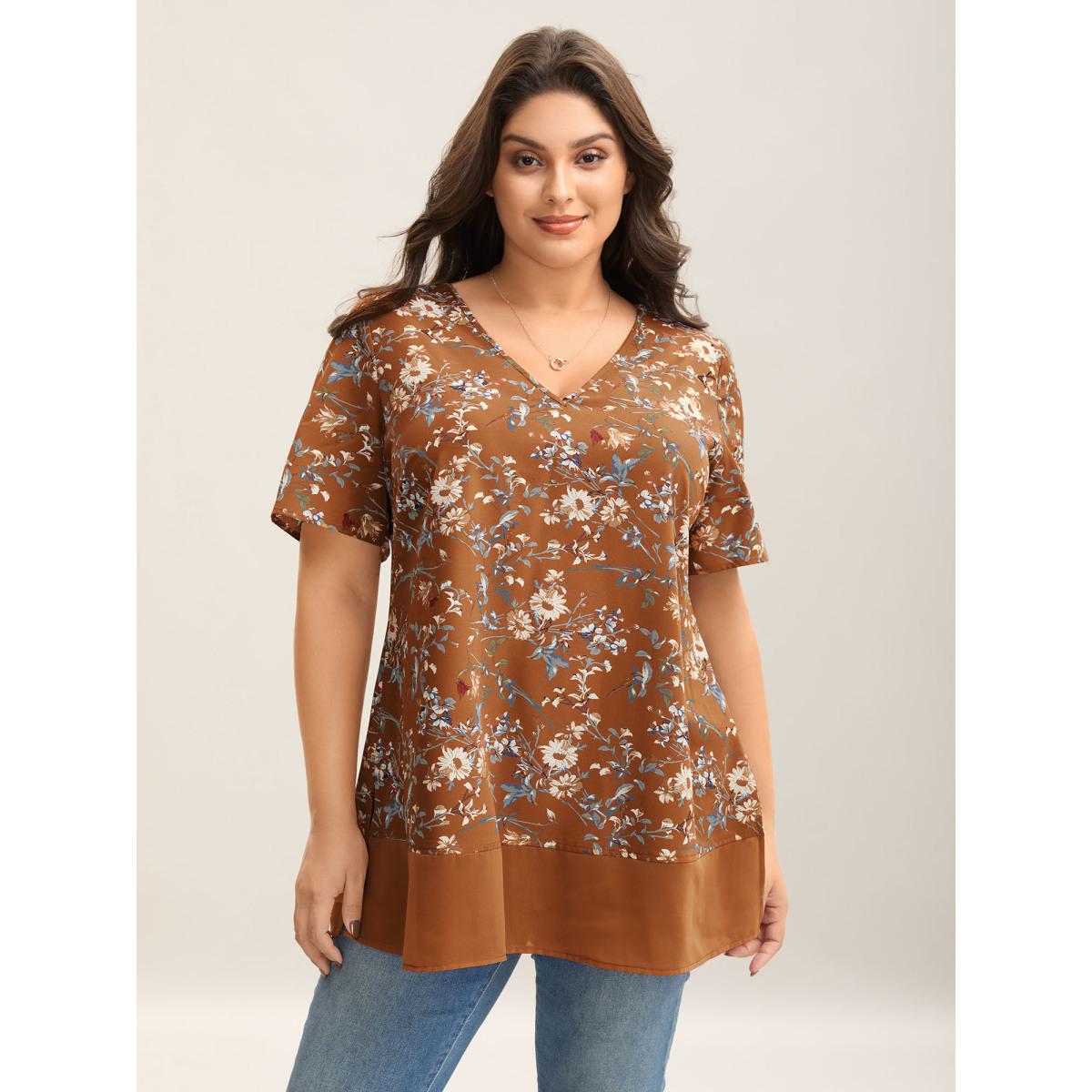 Plus Size Browncoffeecolor Garden Print Spliced V-Neck Blouse Women Romantic Short sleeve V-neck Elegant Blouses BloomChic 22-24/3X Product Image
