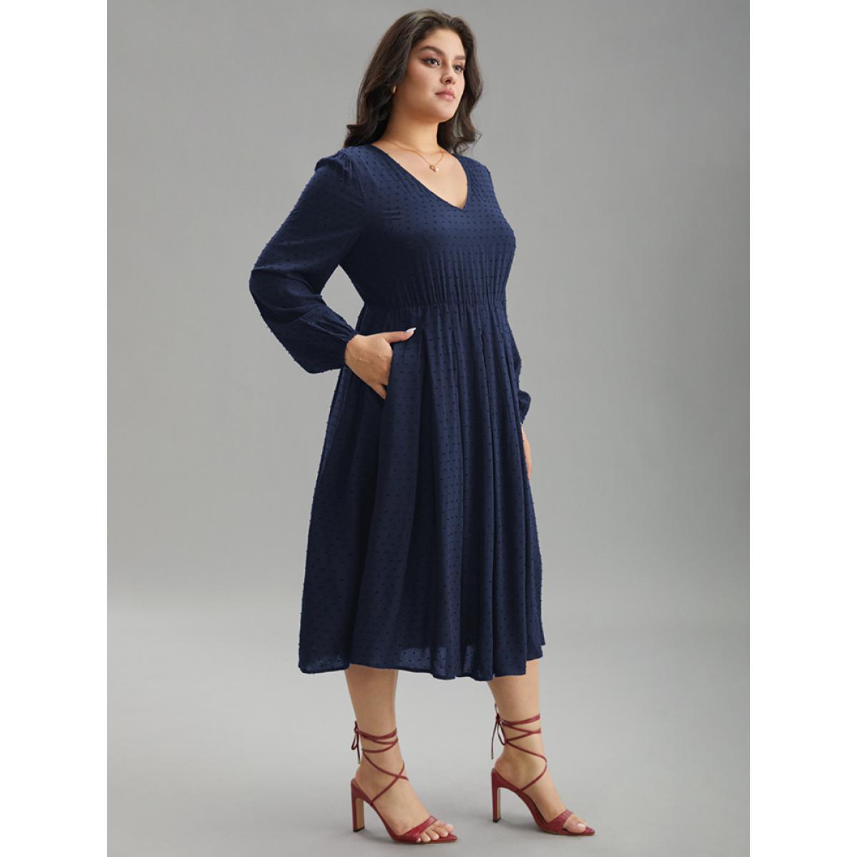 Plus Size Static-Free Solid Lantern Sleeve Pleated Dress DarkBlue Women Elegant Elastic cuffs Round Neck Long Sleeve Curvy Midi Dress BloomChic 18-20/2X Product Image