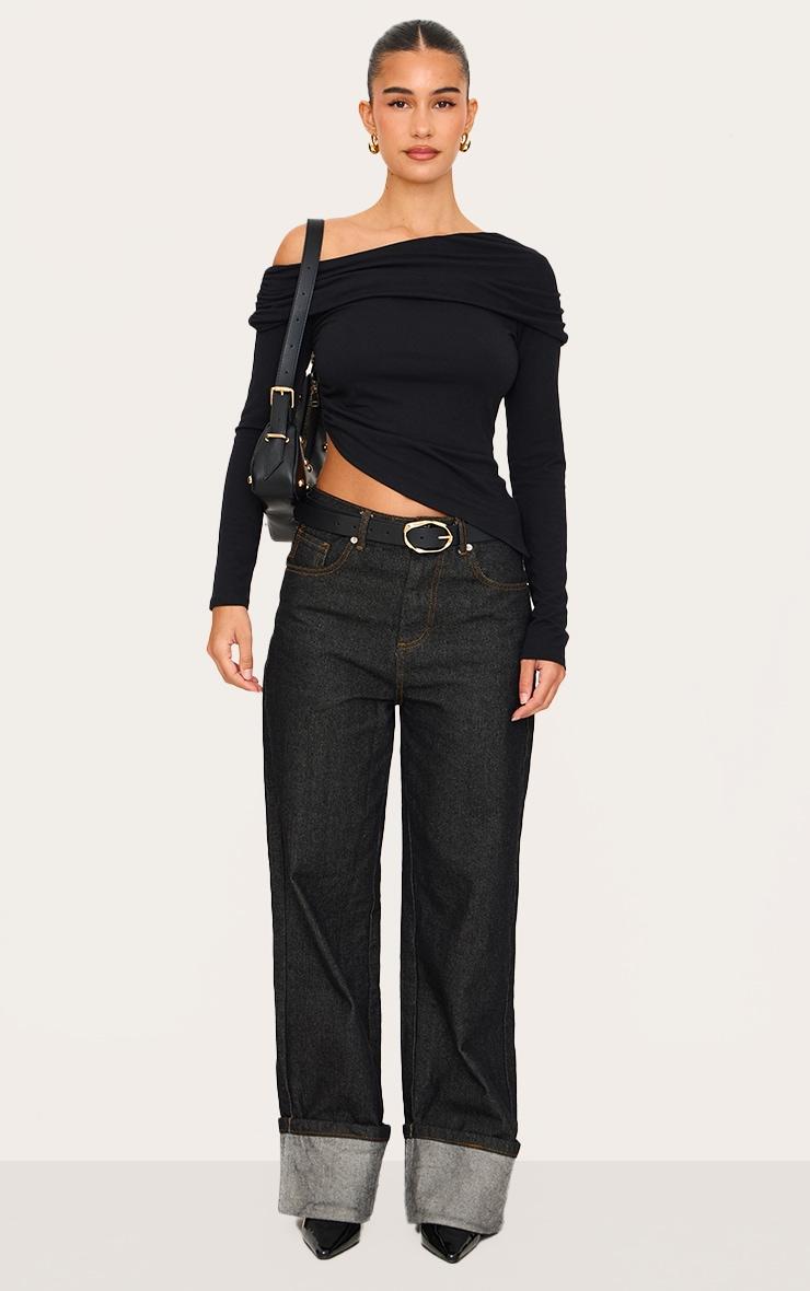 Black Contour Jersey Fold Over Detail Bardot Long Sleeve Top Product Image