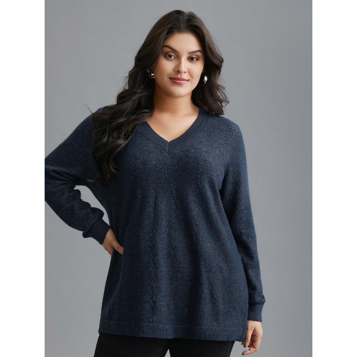 Plus Size Hollowed-Out-Back Bows V-Neck Pullover Midnight Women Casual Loose Long Sleeve V-neck Everyday Pullovers BloomChic 30/6X Product Image