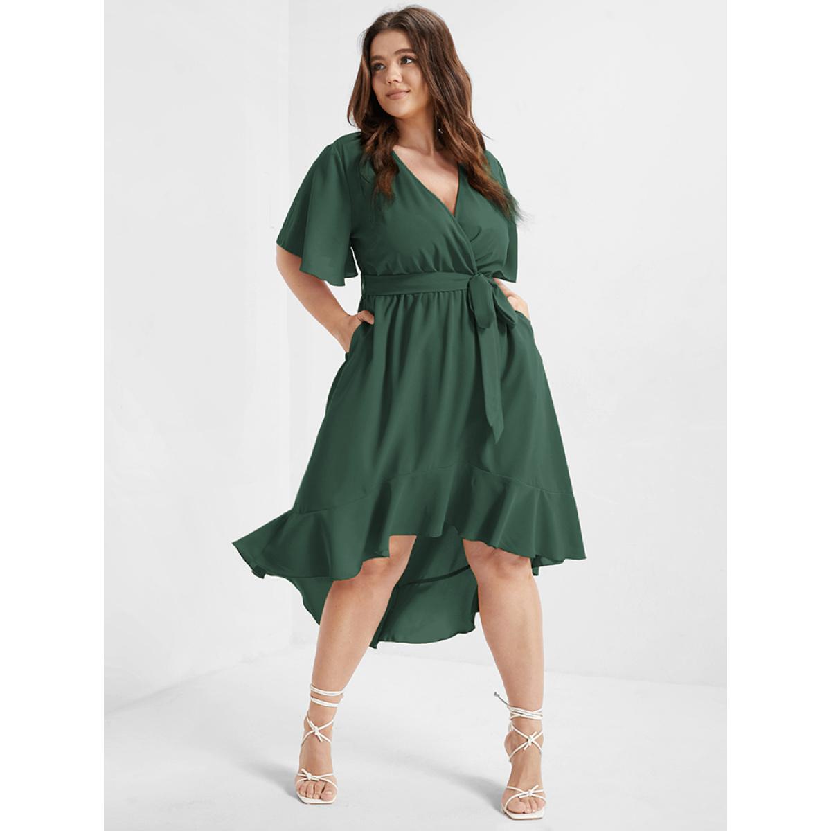 Plus Size Bloom Dress - Solid Tie Surplice Ruffle High Low Dress DarkGreen Women Elegant Cross straps V-neck Short sleeve Curvy Midi Dress BloomChic 12/L Product Image