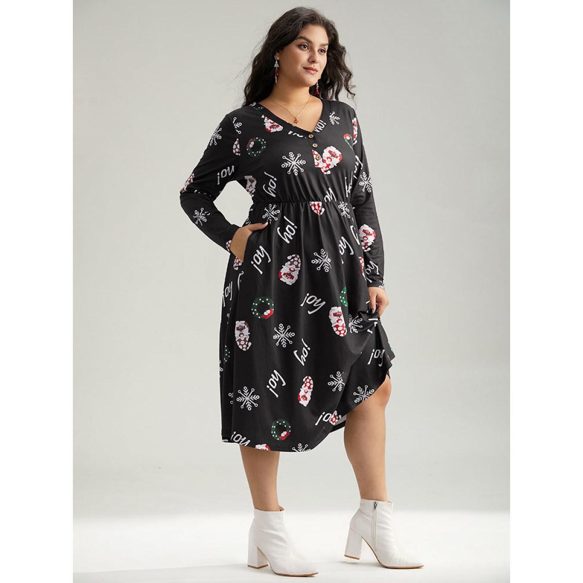 Plus Size Christmas Graphic Button Detail Dress Black Women Elegant Gathered V-neck Long Sleeve Curvy Midi Dress BloomChic 14-16/1X Product Image