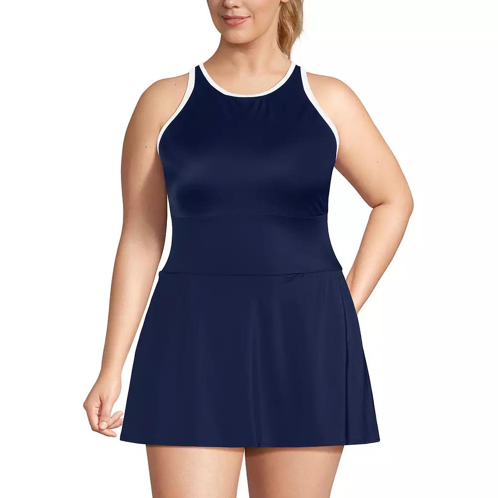 Women's Lands' End Long Tugless High Neck One-Piece Swim Dress,  Product Image