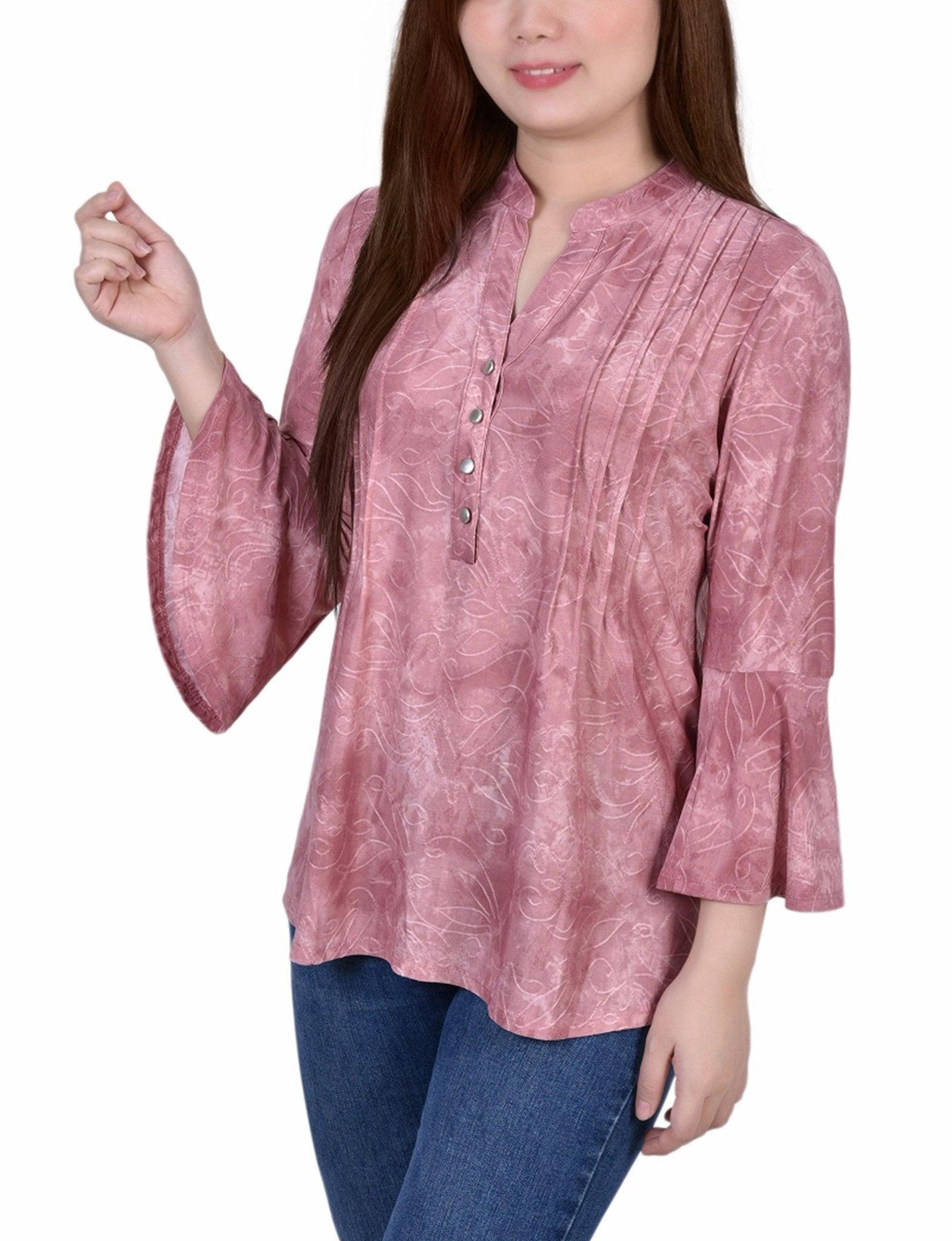Mauve Tie Dye 3/4 Bell Sleeve Pleat Front Y Neck Top Product Image