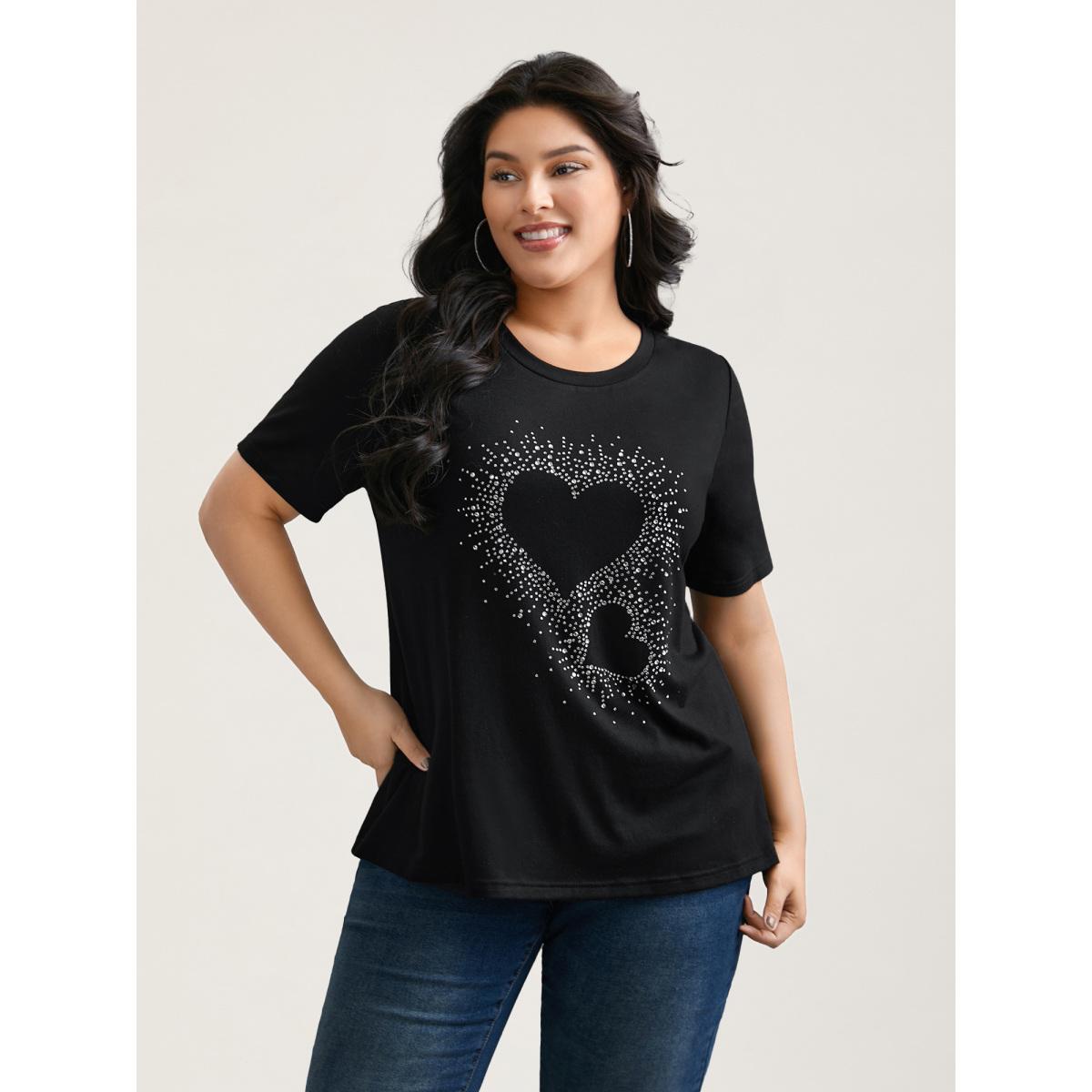 Plus Size Crew Neck Rhinestone Heart T-Shirt Black Women Casual Rhinestone detailing Round Neck Everyday T-shirts BloomChic 10/M Product Image