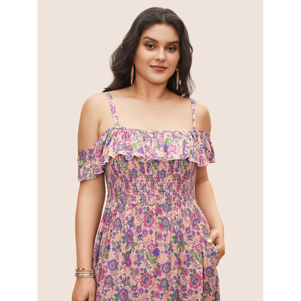 Plus Size Floral Cold Shoulder Ruffles Shirred Dress Pink Women Resort Shirred Non Short sleeve Curvy Midi Dress BloomChic 14-16/1X Product Image