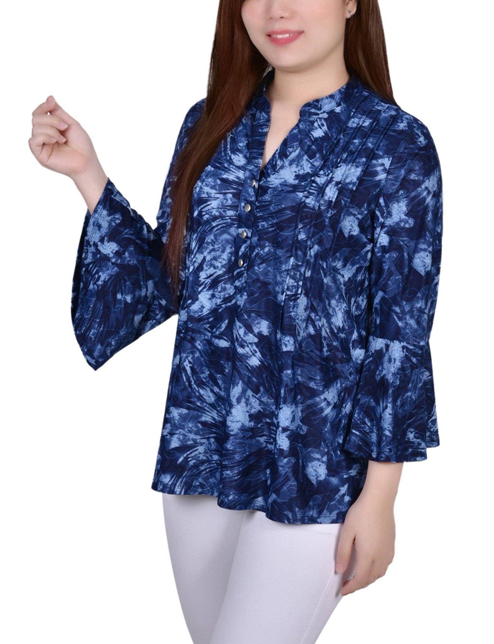 Denim Tie Dye 3/4 Bell Sleeve Pleat Front Y Neck Top Product Image