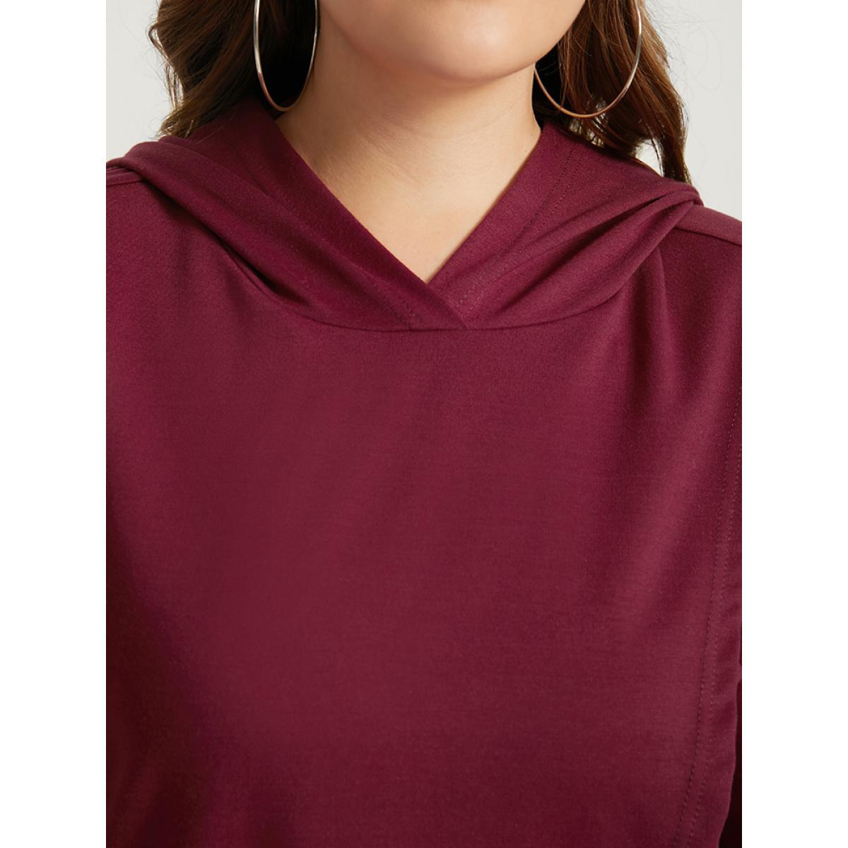 Plus Size Solid Pocket High Low Hem Hooded Sweatshirt Women Burgundy Casual Pocket Hooded Dailywear Sweatshirts BloomChic 18-20/2X Product Image