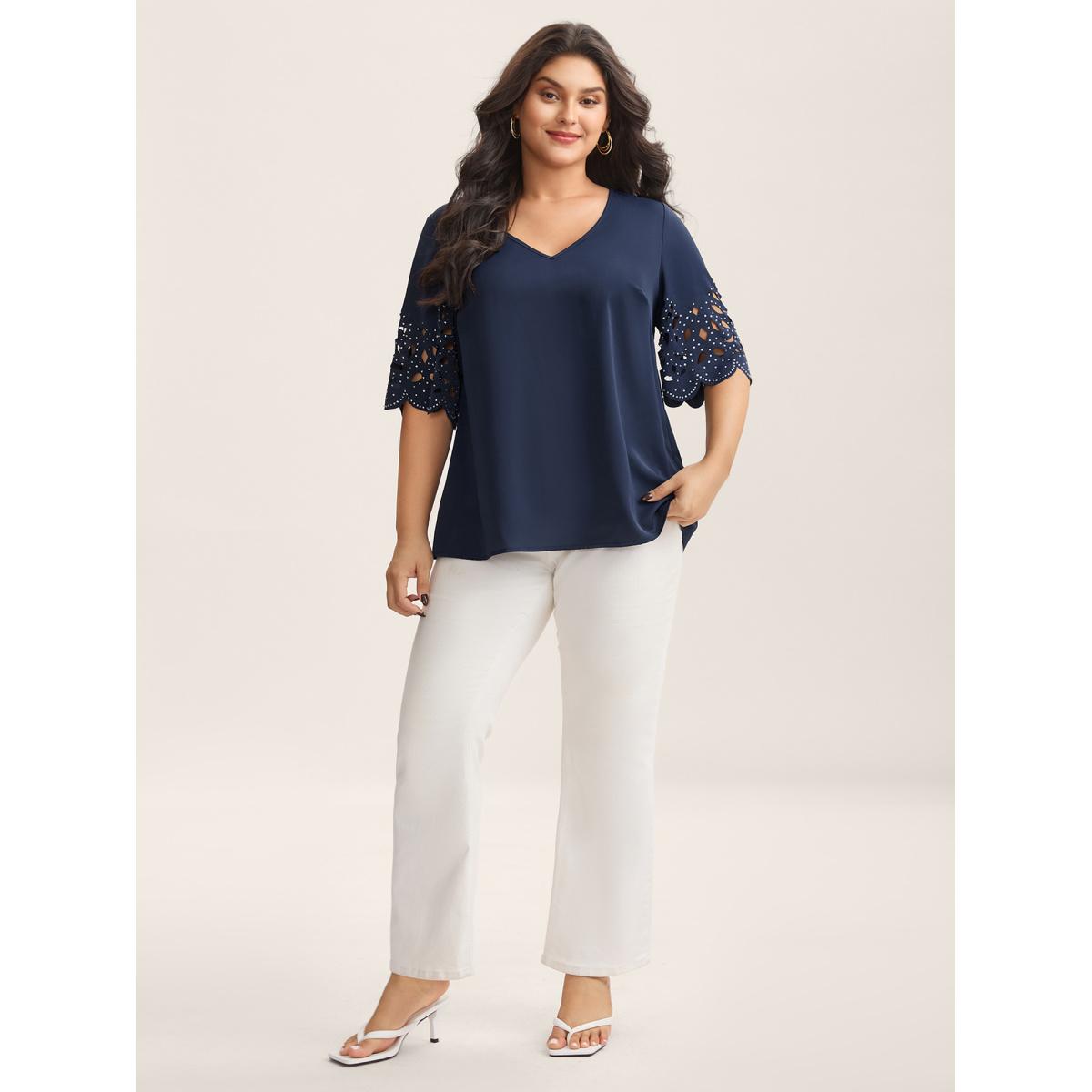 Plus Size DarkBlue Floral Cut-Out Sequin Solid Blouse Women Timeless Elbow-length sleeve V-neck Elegant Blouses BloomChic 22-24/3X Product Image